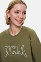 UCLA Tricou cu decolteu la baza gatului, imprimeu cu logo, regular fit, Verde, HELENA