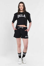 UCLA Pantaloni scurti cu snur si banda elastica in talie, buzunare laterale si imprimeu cu logo discret, Negru, ROSA