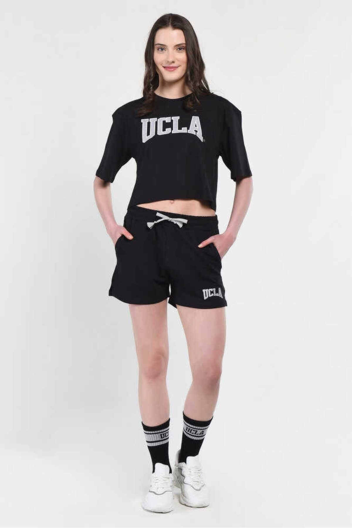 UCLA Pantaloni scurti cu snur si banda elastica in talie, buzunare laterale si imprimeu cu logo discret, Negru, ROSA