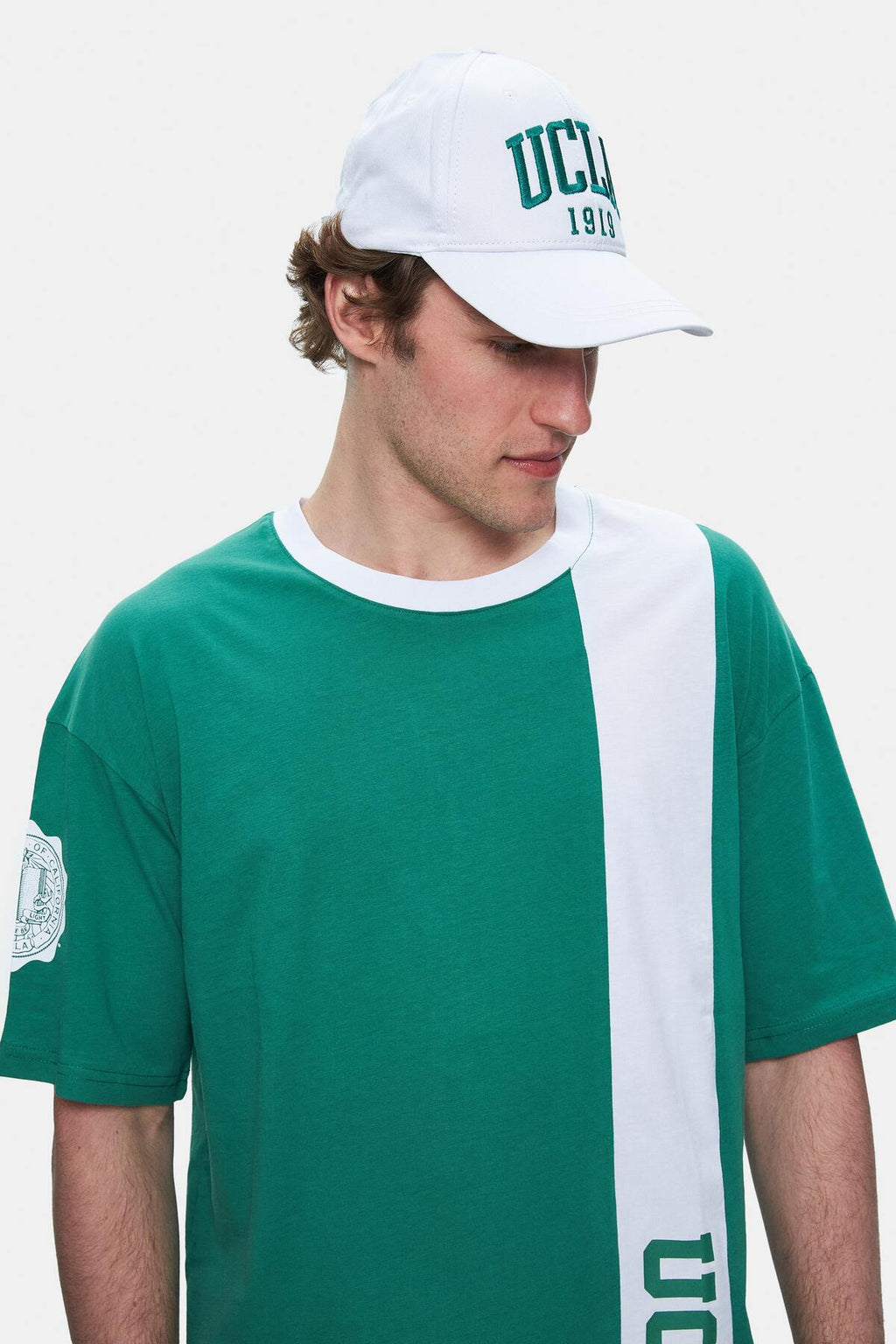 UCLA Tricou cu decolteu la baza gatului, imprimeu cu logo, regular fit, Verde, KEITH
