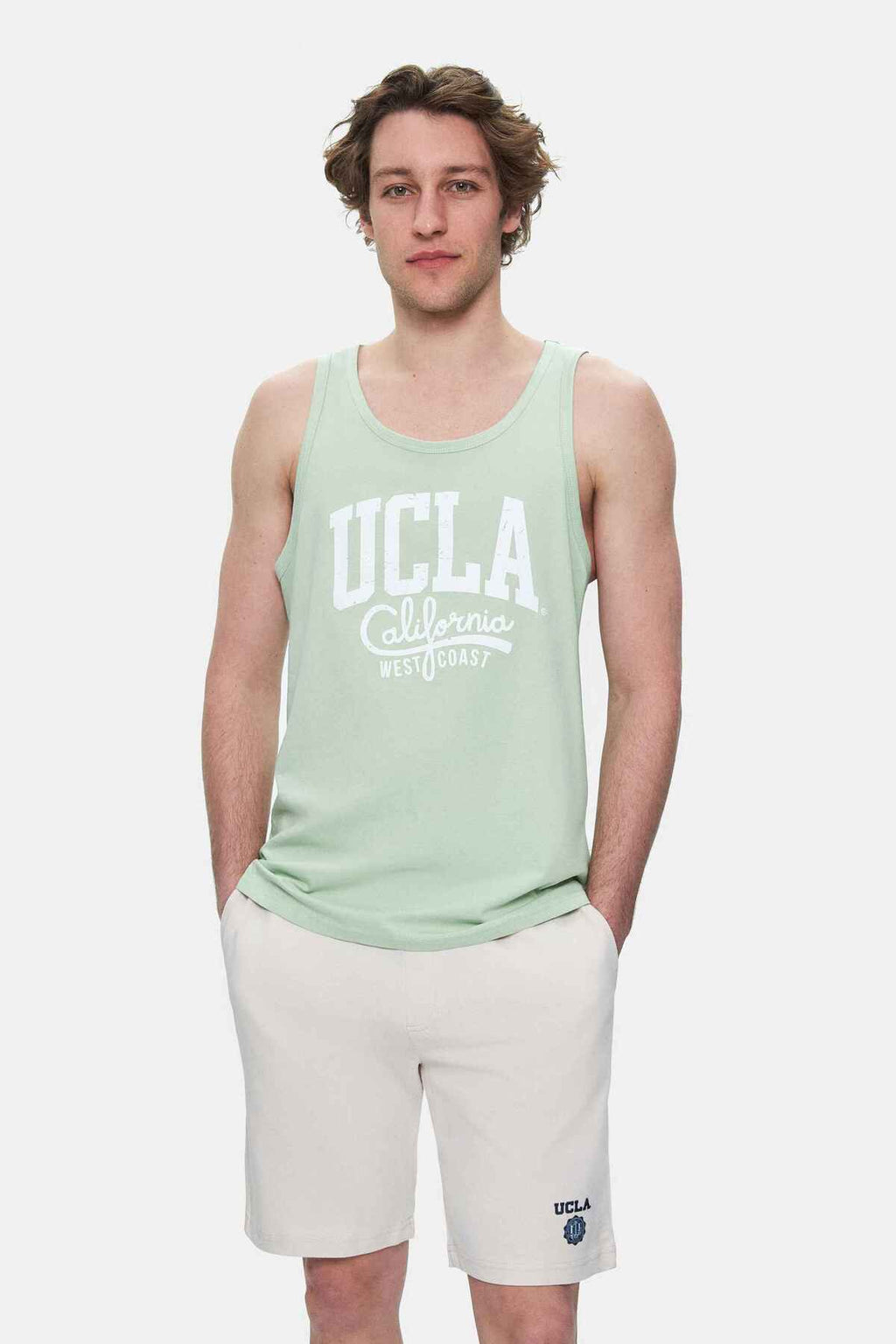 UCLA Tricou cu decolteu la baza gatului, imprimeu cu logo, regular fit, Verde inchis, PEBBLE