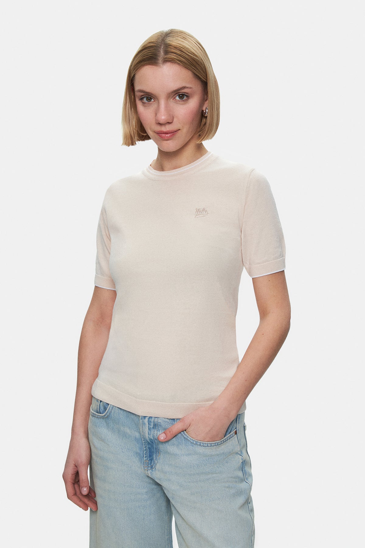 UCLA Tricou cu decolteu la baza gatului, imprimeu cu logo, regular fit, Alb, JENNY