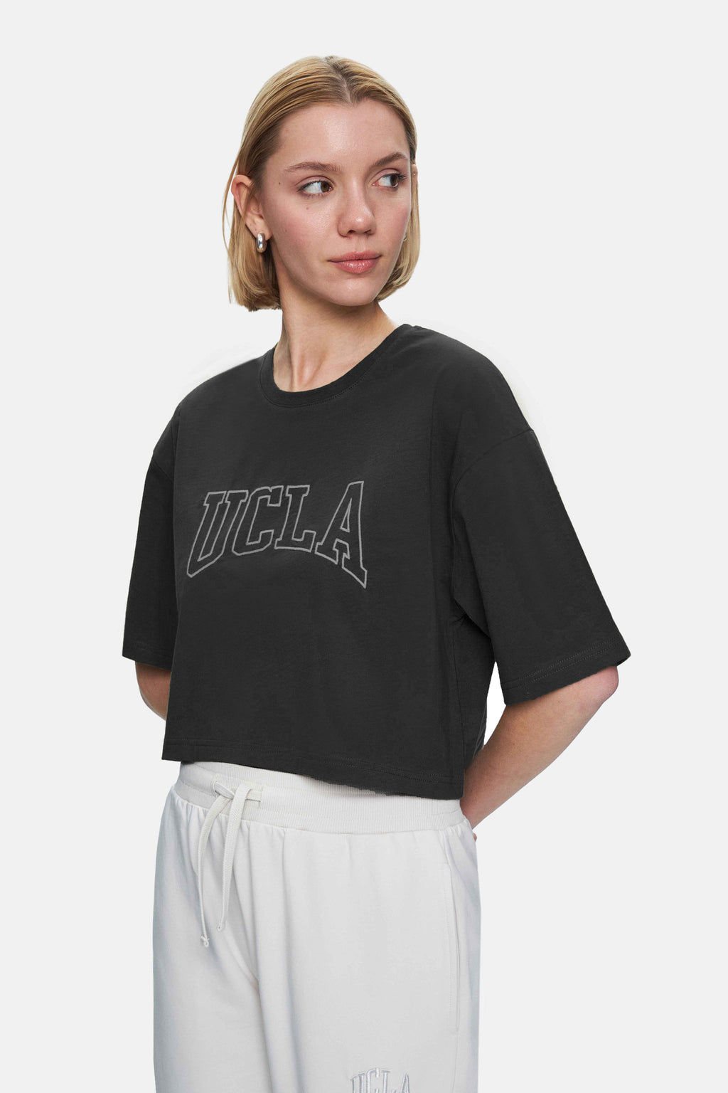 UCLA Tricou cu decolteu la baza gatului, imprimeu cu logo, regular fit, Gri, HELENA