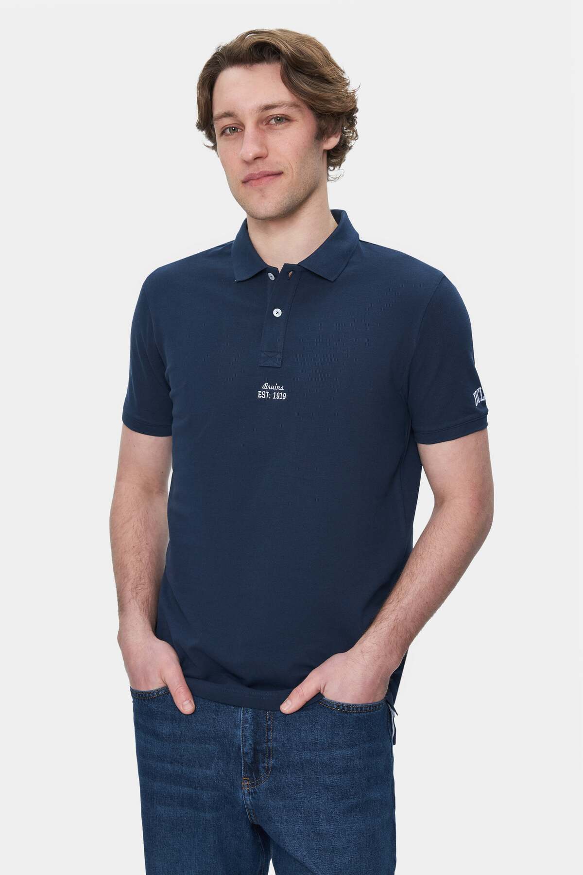 UCLA Tricou cu decolteu la baza gatului, imprimeu cu logo, regular fit, Bleumarin, QUINTON