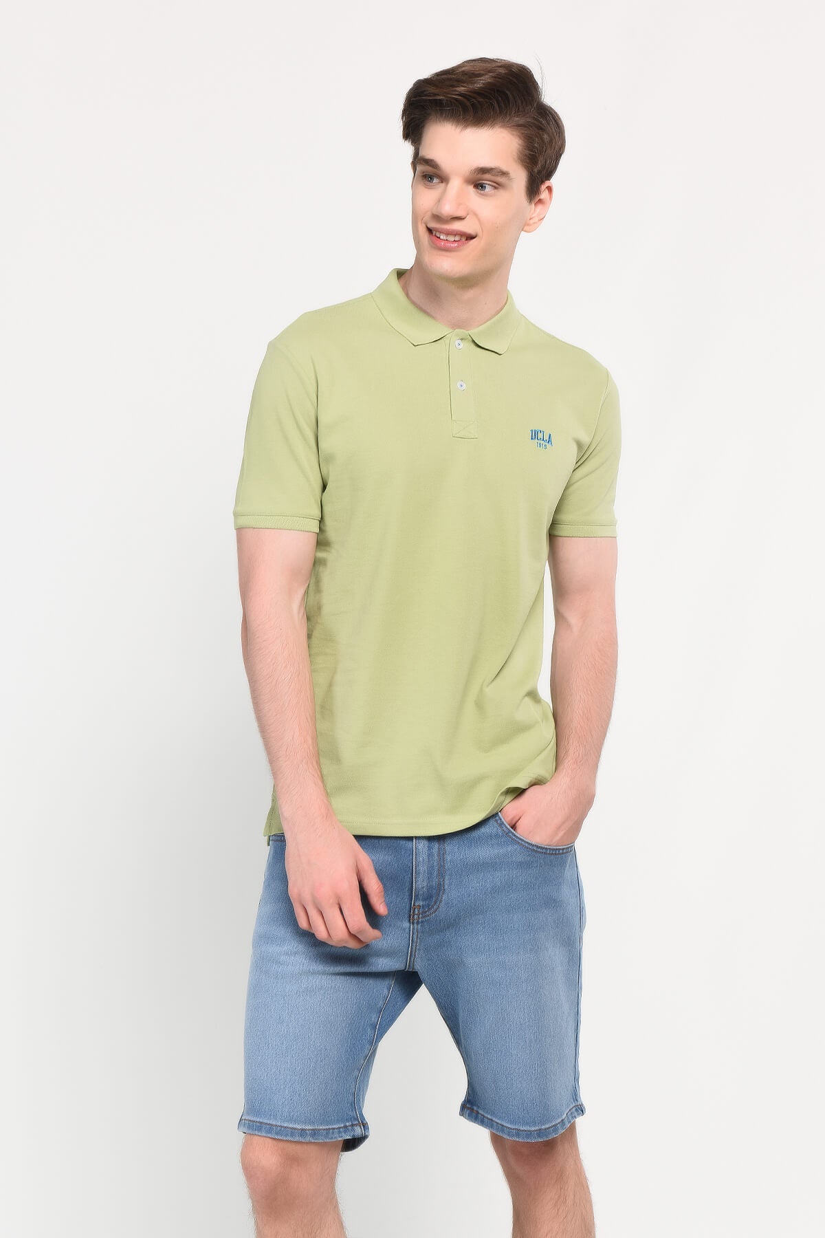 UCLA Tricou cu guler si nasturi, regular fit, logo brodat discret, Verde, LAKES