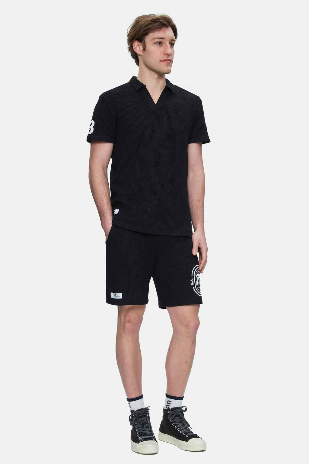 UCLA Tricou cu decolteu la baza gatului, imprimeu cu logo, regular fit, Negru, RUSSEL