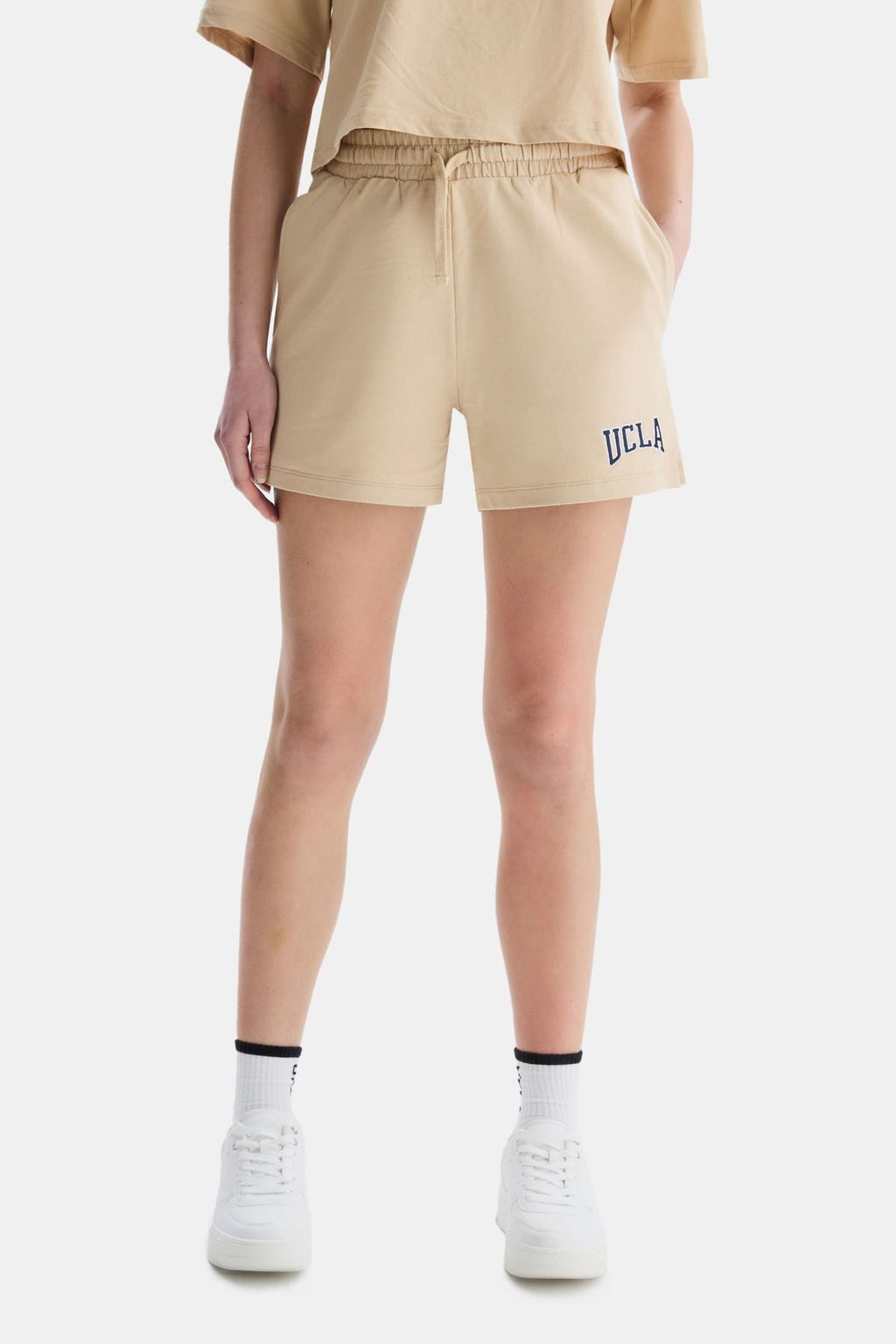UCLA Pantaloni scurti cu snur si banda elastica in talie, buzunare laterale si imprimeu cu logo discret, Bej, ROSA