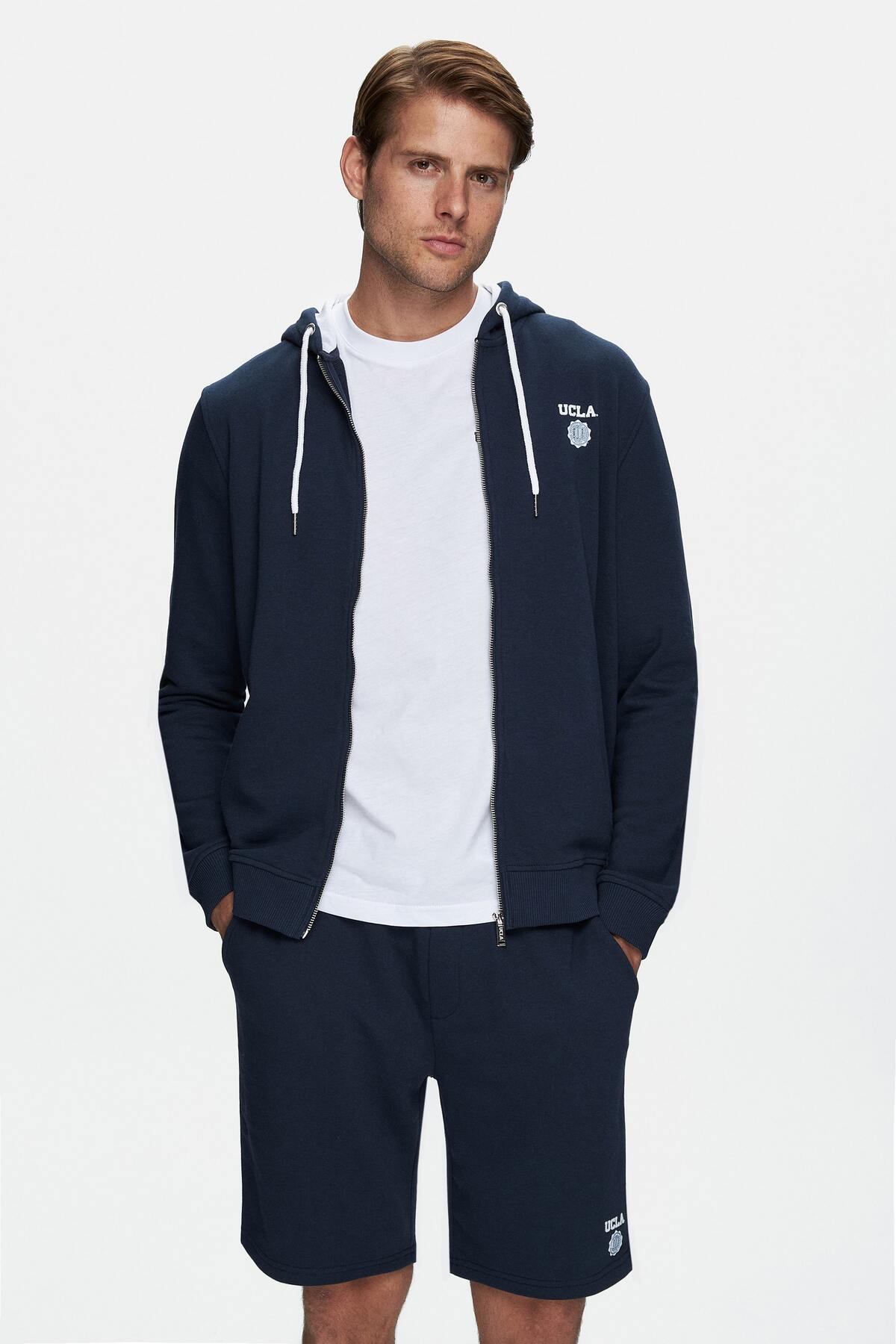 UCLA Hanorac cu gluga si fermoar metalic, imprimeu cu logo discret si buzunare laterale, Bleumarin, HILGARD