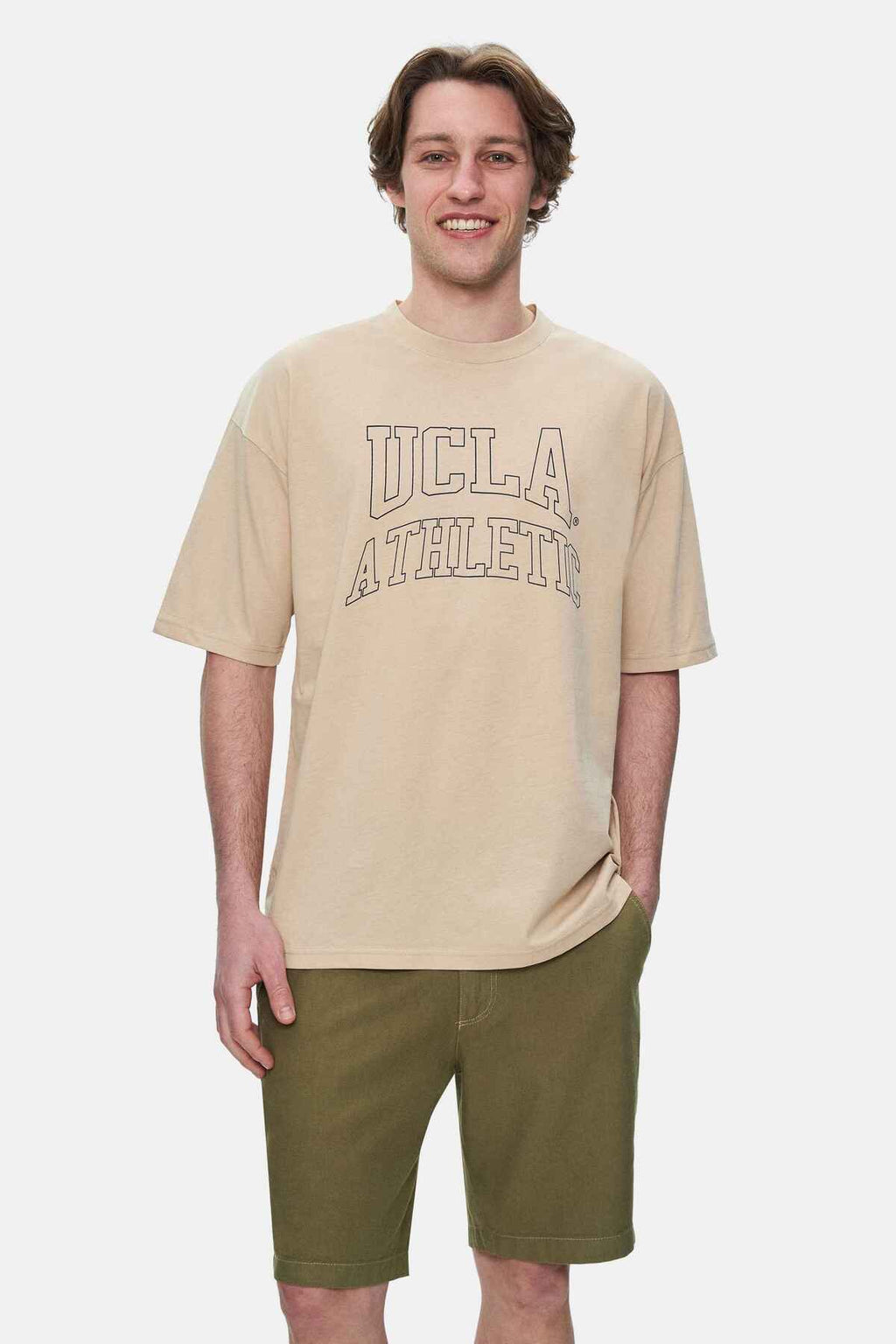 UCLA Tricou cu decolteu la baza gatului, imprimeu cu logo, regular fit, Bej, WEBSTER