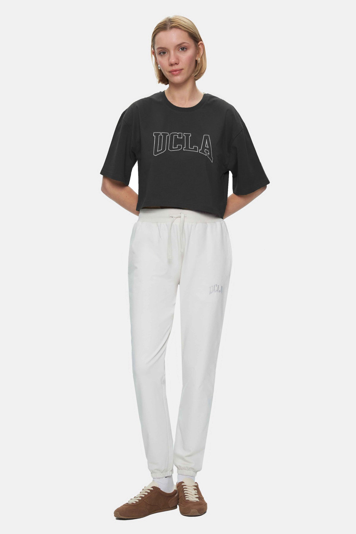 UCLA Tricou cu decolteu la baza gatului, imprimeu cu logo, regular fit, Gri, HELENA
