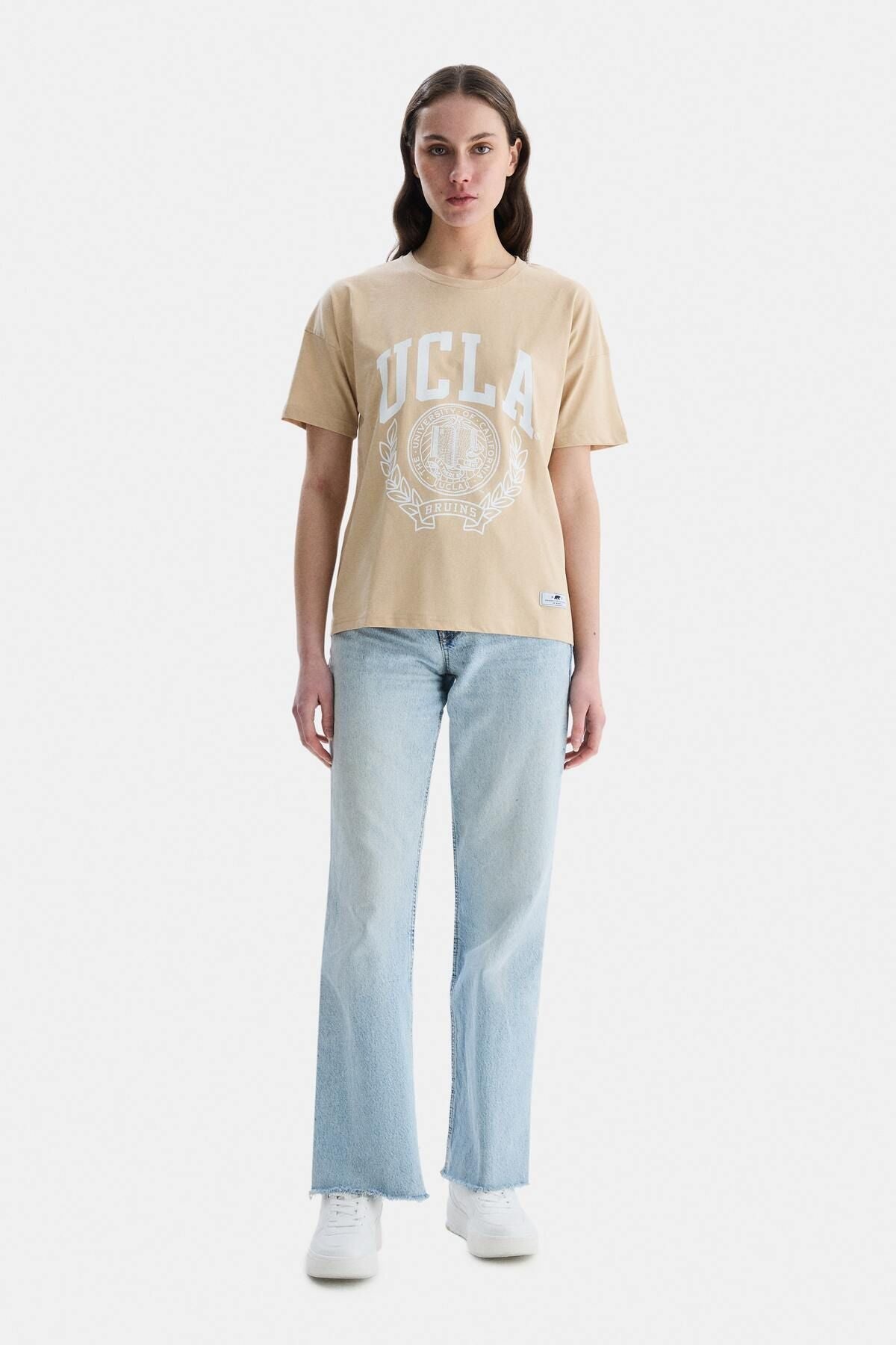 UCLA Tricou cu decolteu la baza gatului, imprimeu cu logo, regular fit, Bej, AVALON