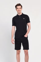 UCLA Tricou cu guler si nasturi, regular fit, logo brodat discret, Negru, LAKES