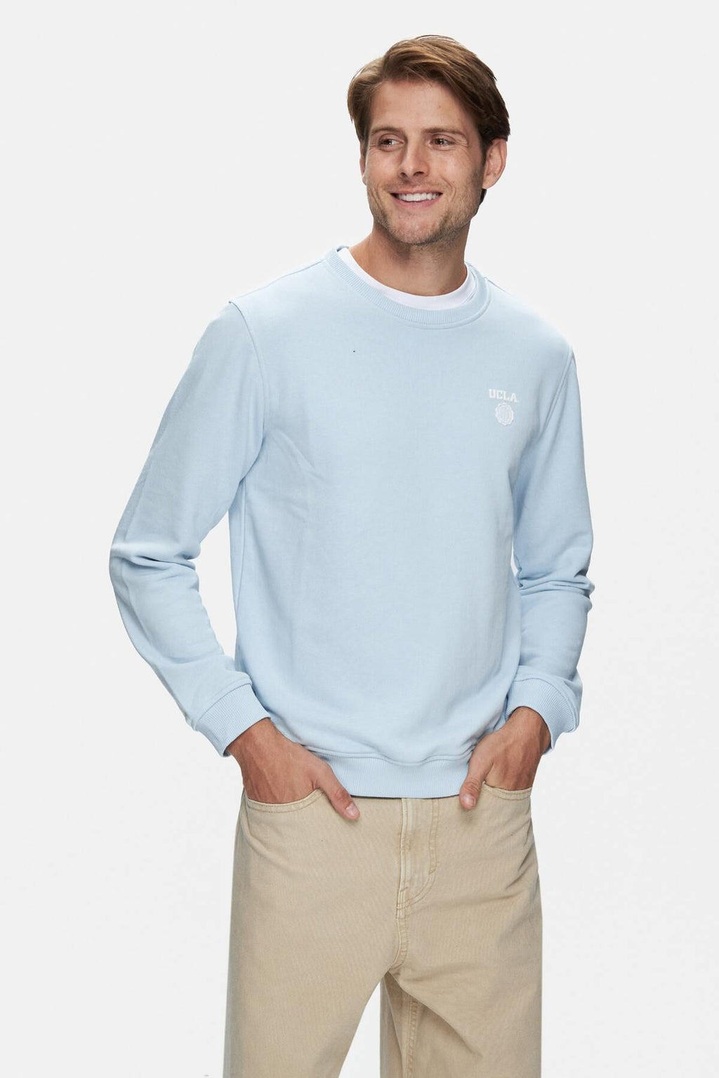 UCLA Bluza cu decolteu la baza gatului, regular fit, imprimeu cu logo, Albastru, VALLEY