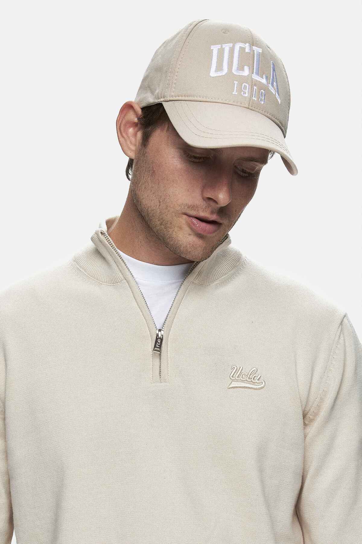 UCLA Pulover tip tricot, cu logo brodat, decolteu la baza gatului, Alb, FRED