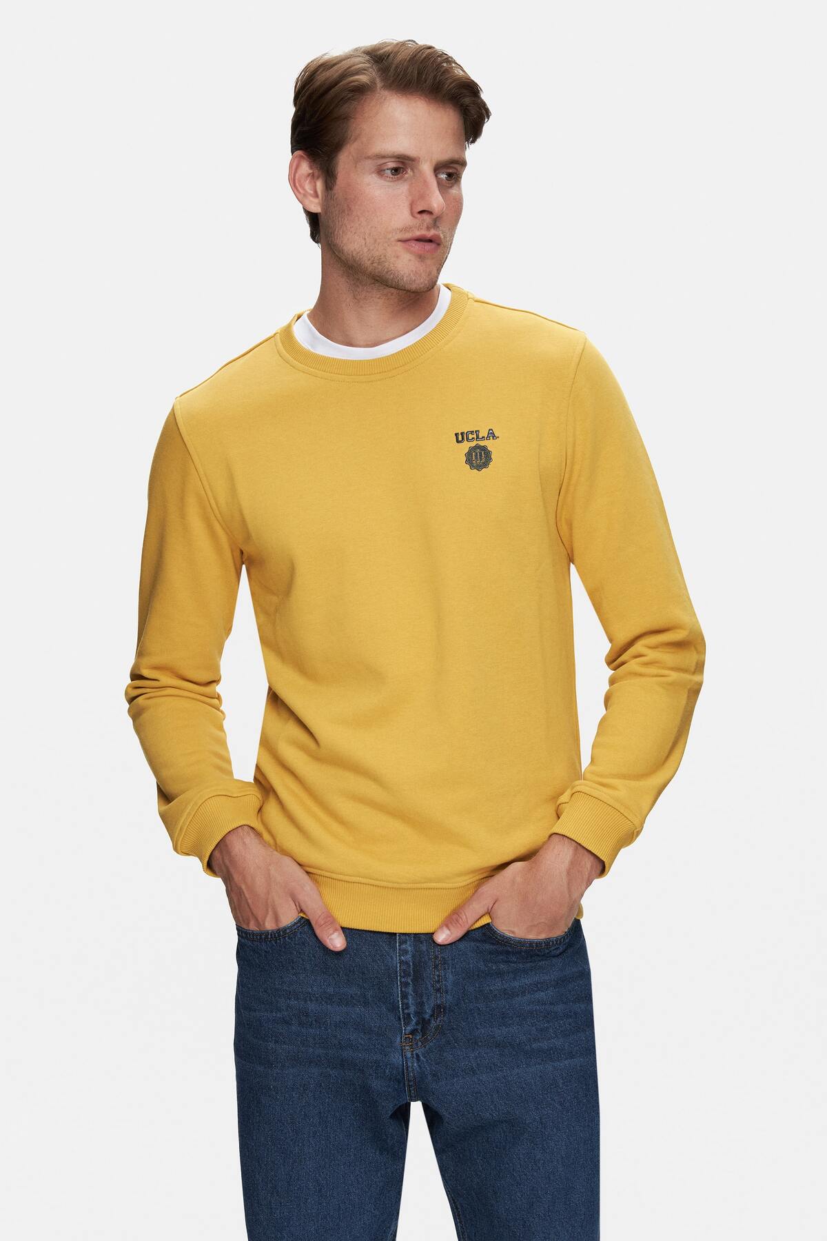 UCLA Bluza cu decolteu la baza gatului, regular fit, imprimeu cu logo, Galben, VALLEY