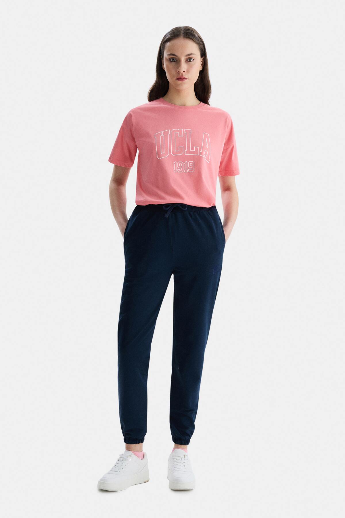 UCLA Pantaloni de trening cu elastic si snur in talie, manseta elastica si logo discret, Bleumarin, JEZEBEL