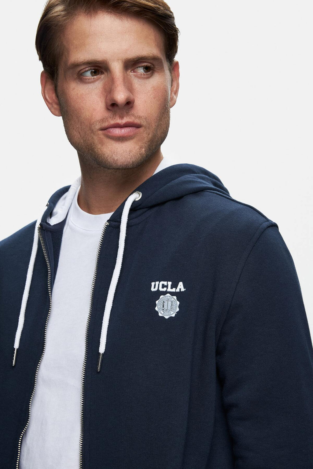 UCLA Hanorac cu gluga si fermoar metalic, imprimeu cu logo discret si buzunare laterale, Bleumarin, HILGARD