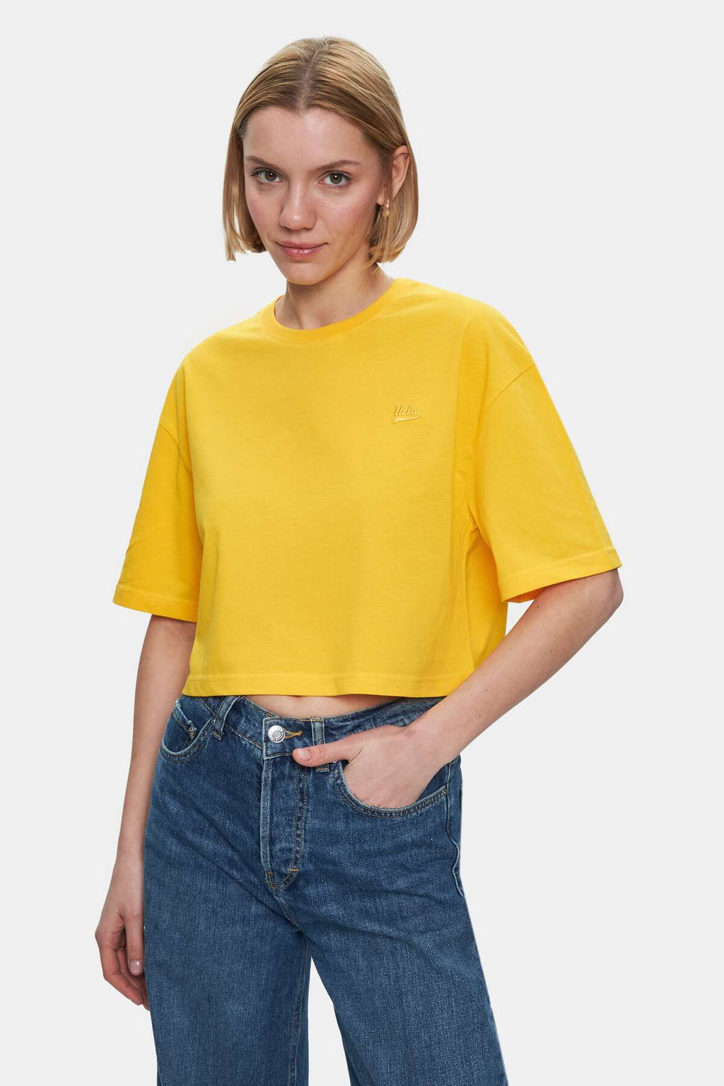 UCLA Tricou cu decolteu la baza gatului, imprimeu cu logo, regular fit, Galben, INDIANA