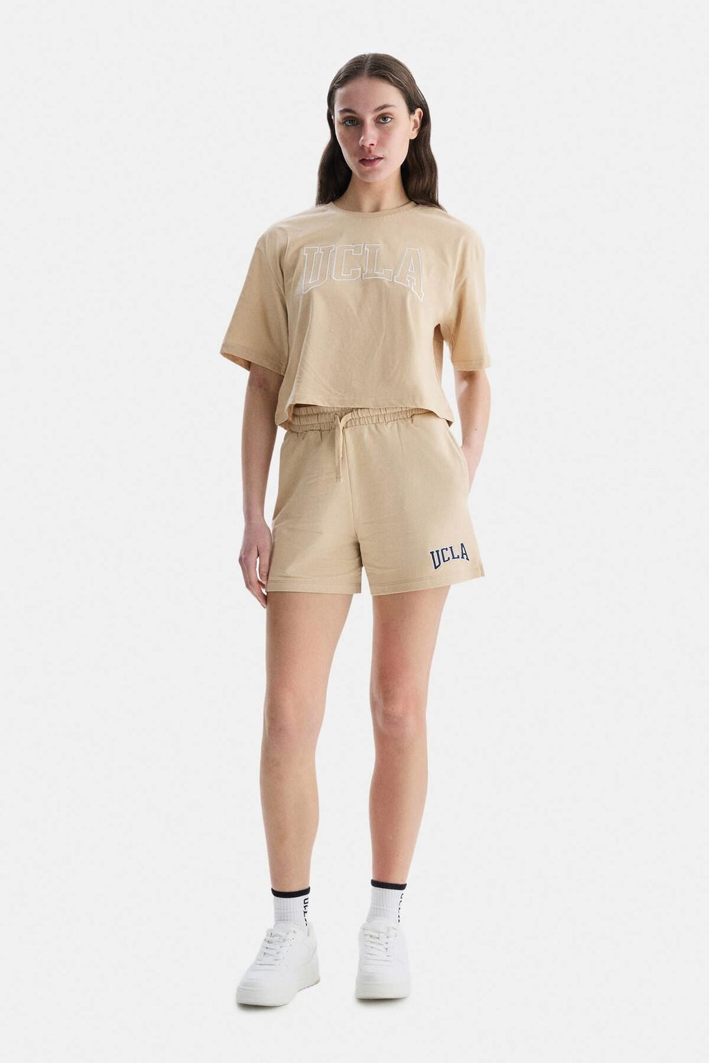 UCLA Pantaloni scurti cu snur si banda elastica in talie, buzunare laterale si imprimeu cu logo discret, Bej, ROSA