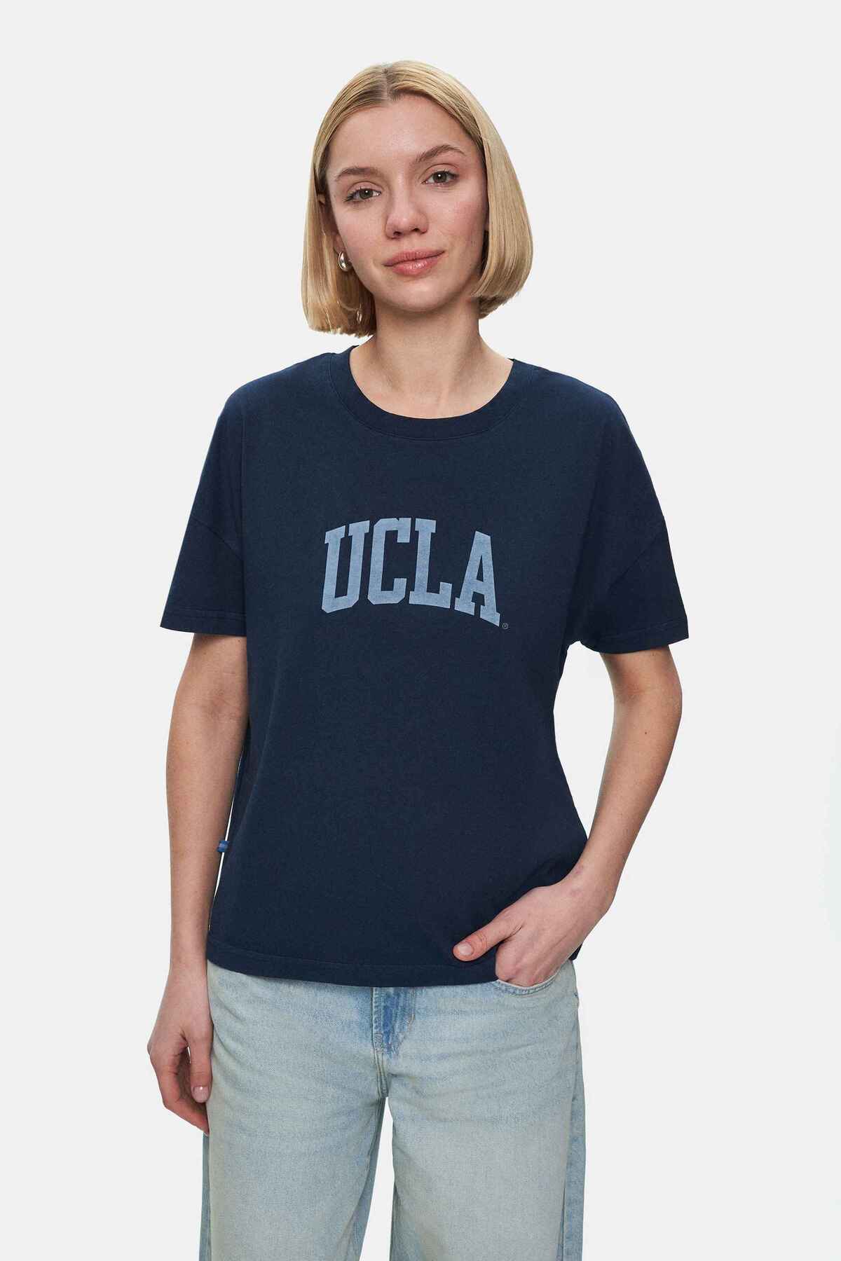 UCLA Tricou cu decolteu la baza gatului, imprimeu cu logo, regular fit, Bleumarin, EVERLEE