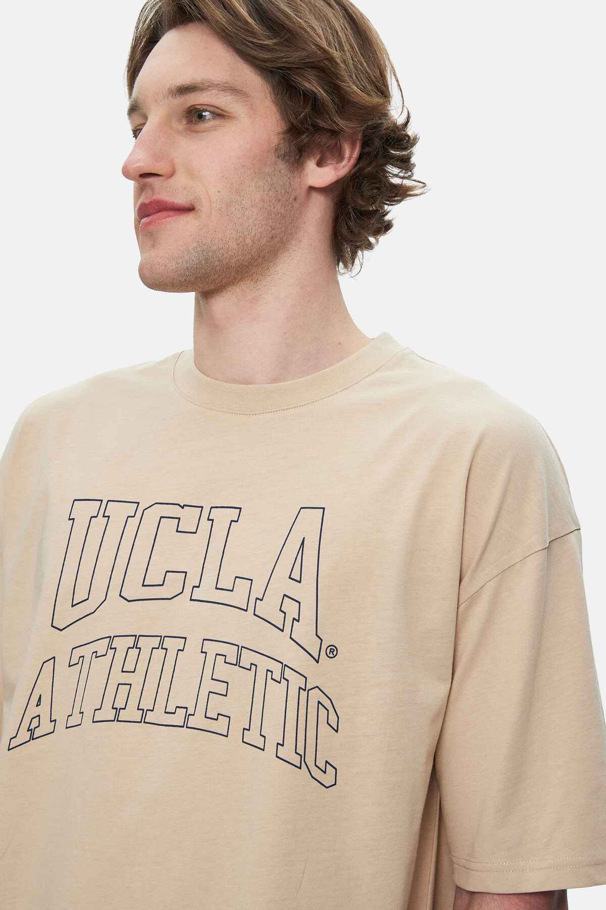 UCLA Tricou cu decolteu la baza gatului, imprimeu cu logo, regular fit, Bej, WEBSTER