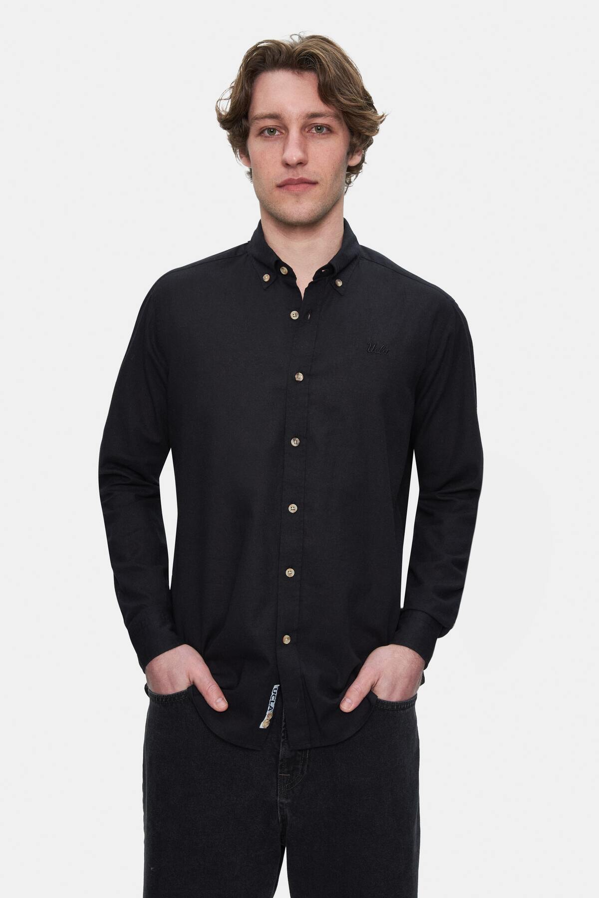 UCLA Camsa cu nasturi si guler, material lejer, regular fit Negru, JACQUEZ