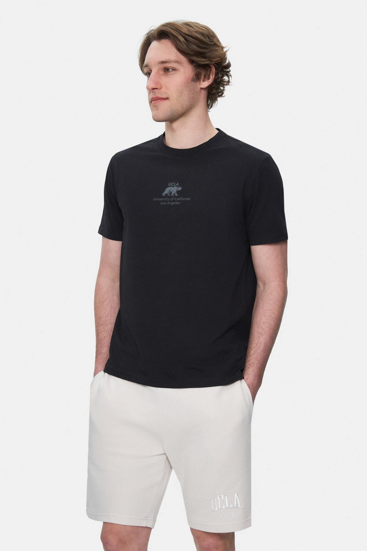 UCLA Tricou cu decolteu la baza gatului, imprimeu cu logo, regular fit, Negru, FABIO