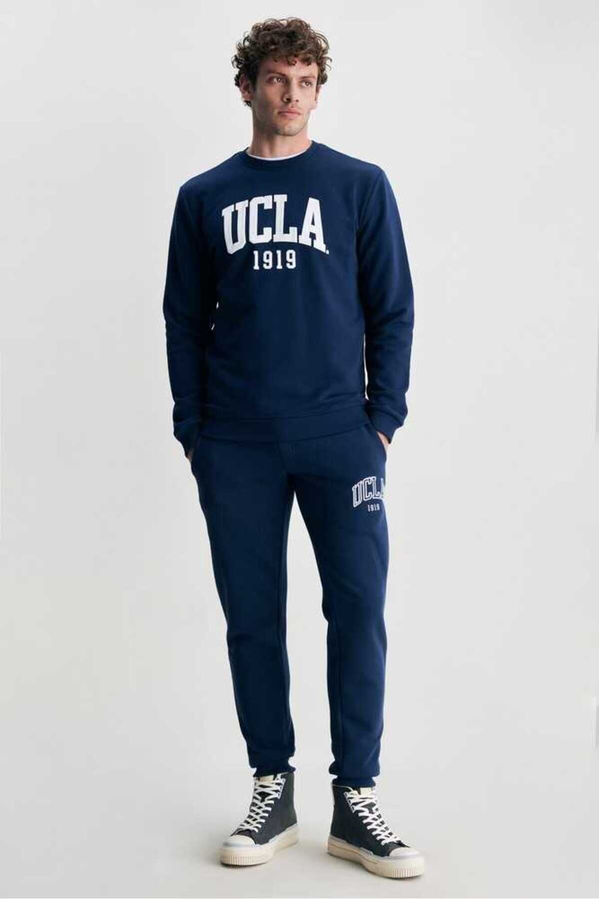 UCLA Bluza cu decolteu la baza gatului, regular fit, imprimeu cu logo, Bleumarin, BALDWIN