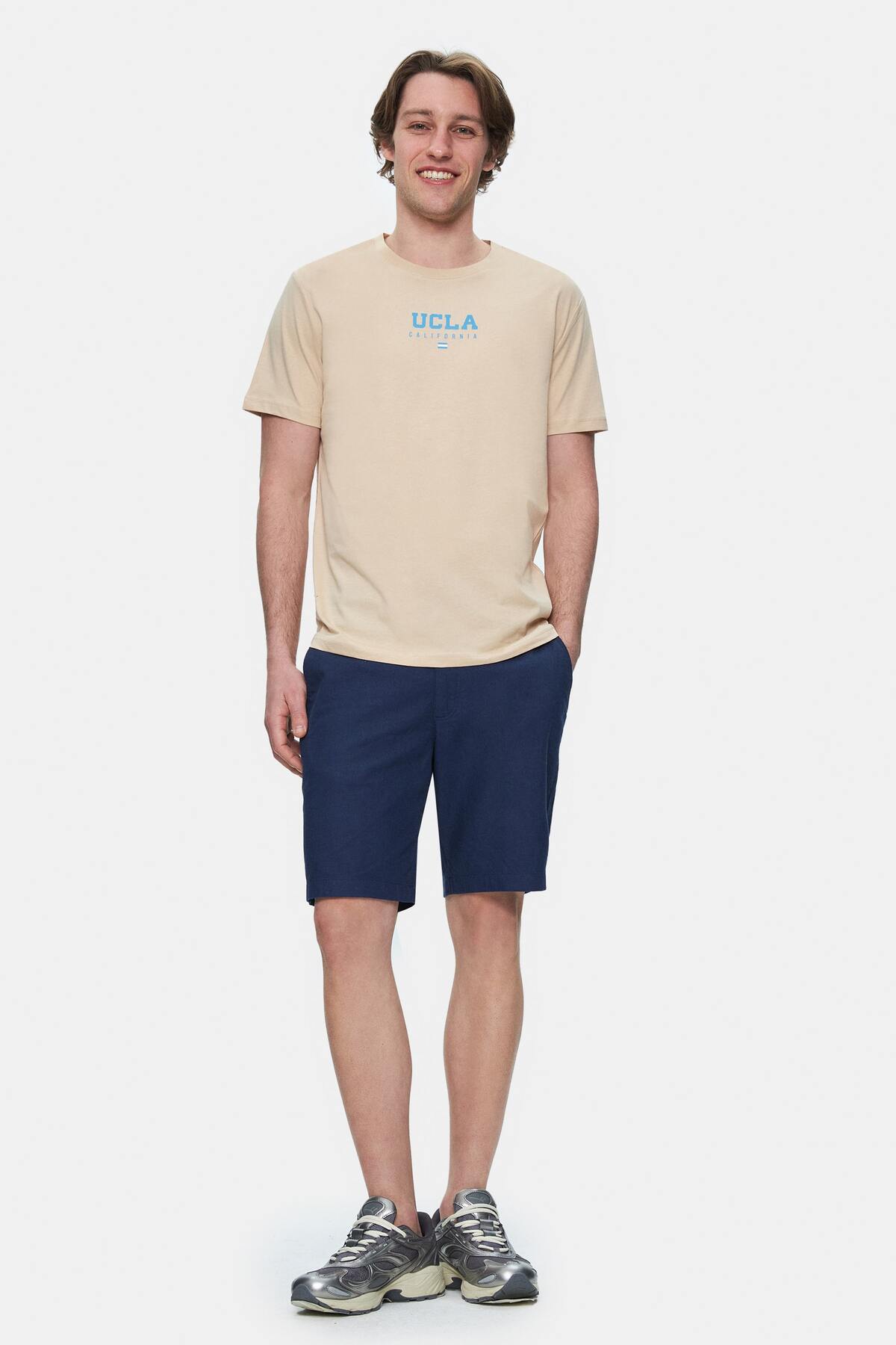 UCLA Tricou cu decolteu la baza gatului, imprimeu cu logo, regular fit, Bej, SHERMAN