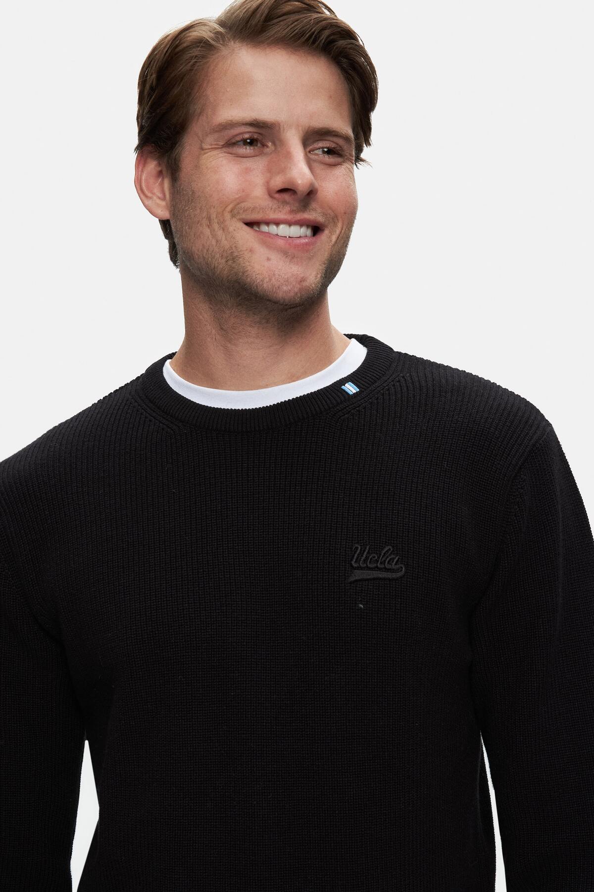 UCLA Pulover tip tricot, cu logo brodat, decolteu la baza gatului, Negru, EMORY