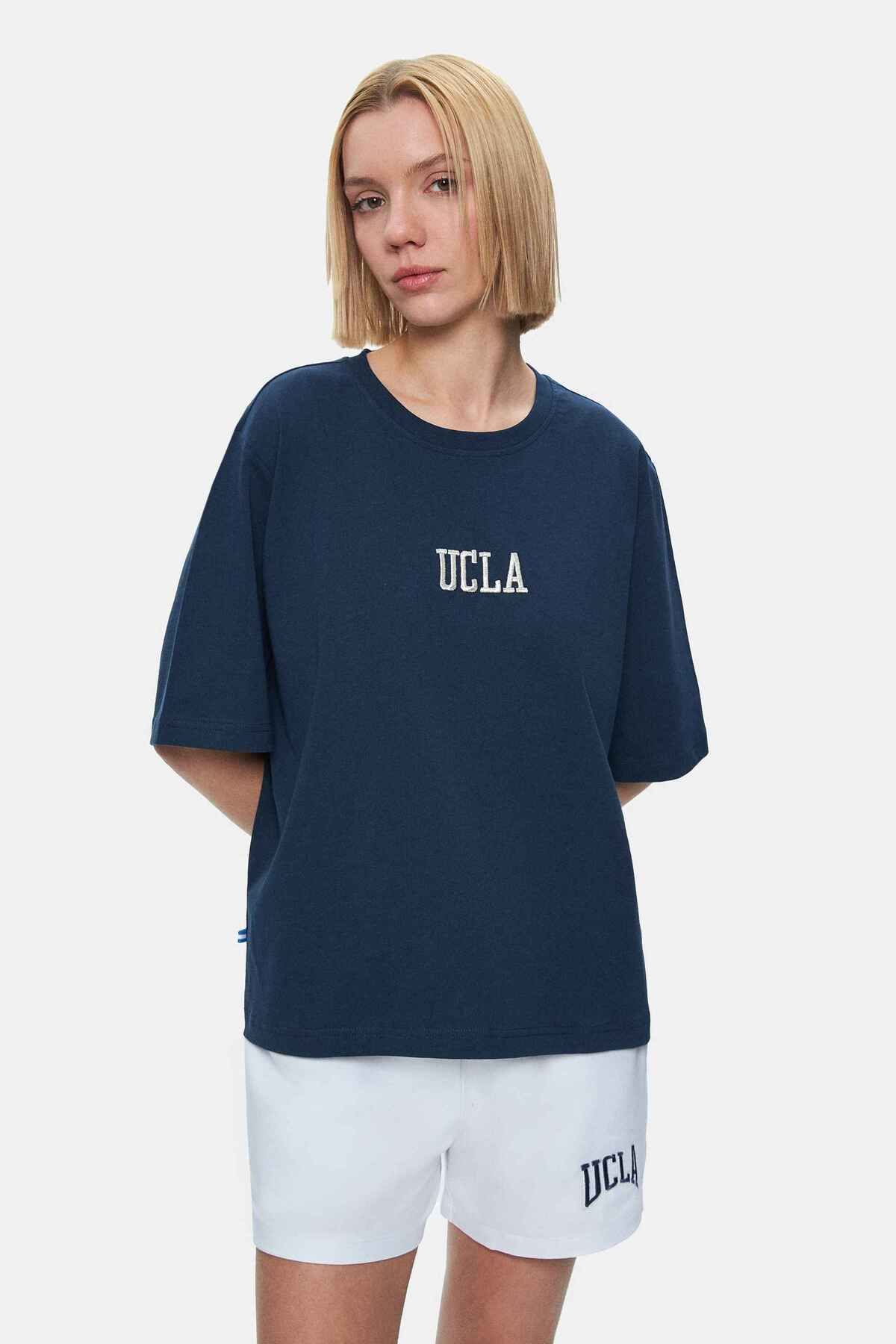 UCLA Tricou cu decolteu la baza gatului, imprimeu cu logo, regular fit, Bleumarin, MANUELA