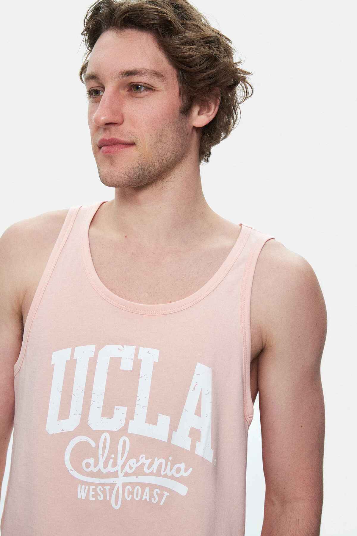 UCLA Tricou cu decolteu la baza gatului, imprimeu cu logo, regular fit, Roz, PEBBLE