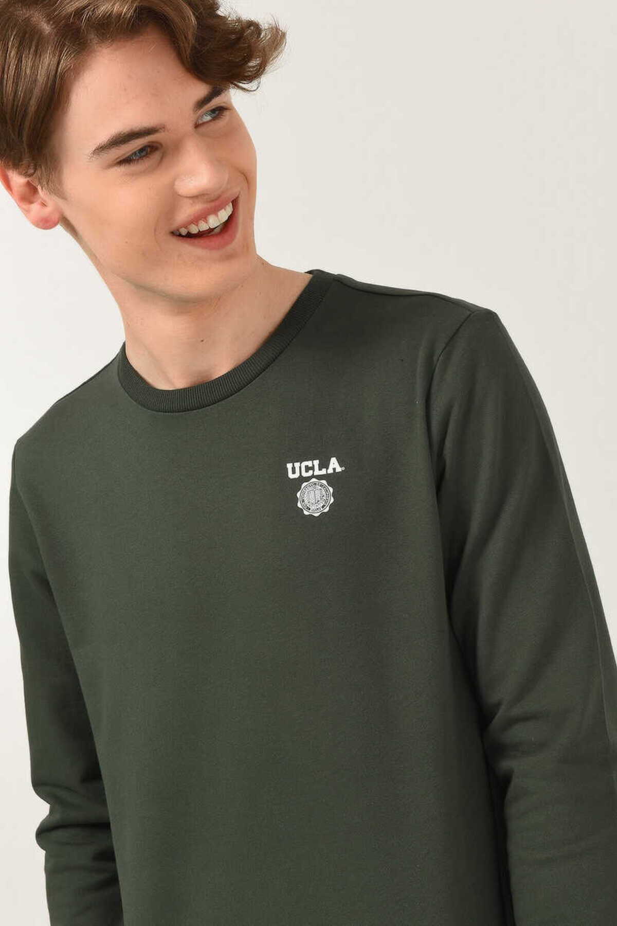 UCLA Bluza cu decolteu la baza gatului, regular fit, imprimeu cu logo, Verde, VALLEY