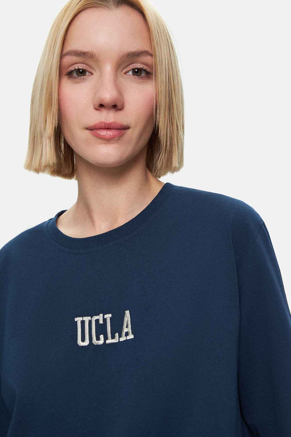 UCLA Tricou cu decolteu la baza gatului, imprimeu cu logo, regular fit, Bleumarin, MANUELA