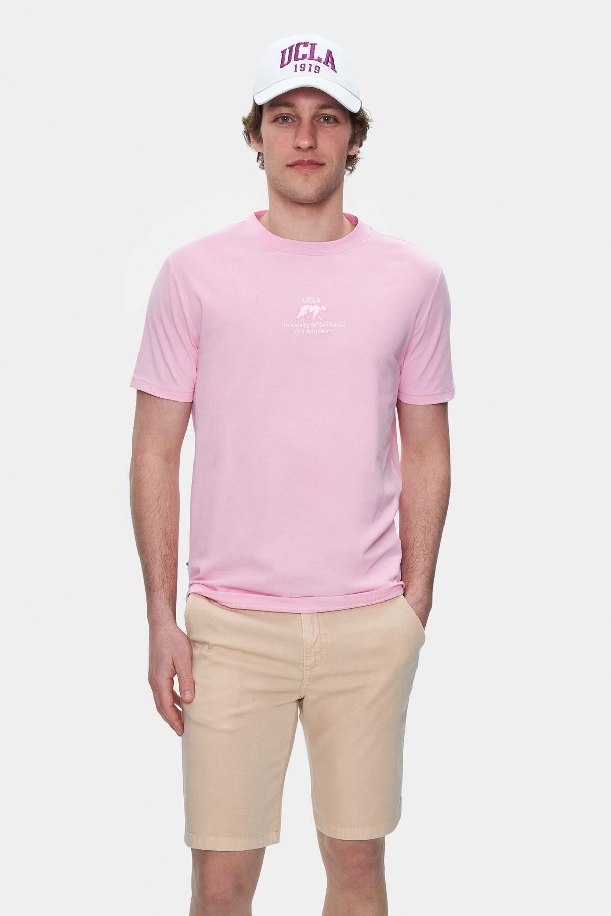 UCLA Tricou cu decolteu la baza gatului, imprimeu cu logo, regular fit, Roz, FABIO
