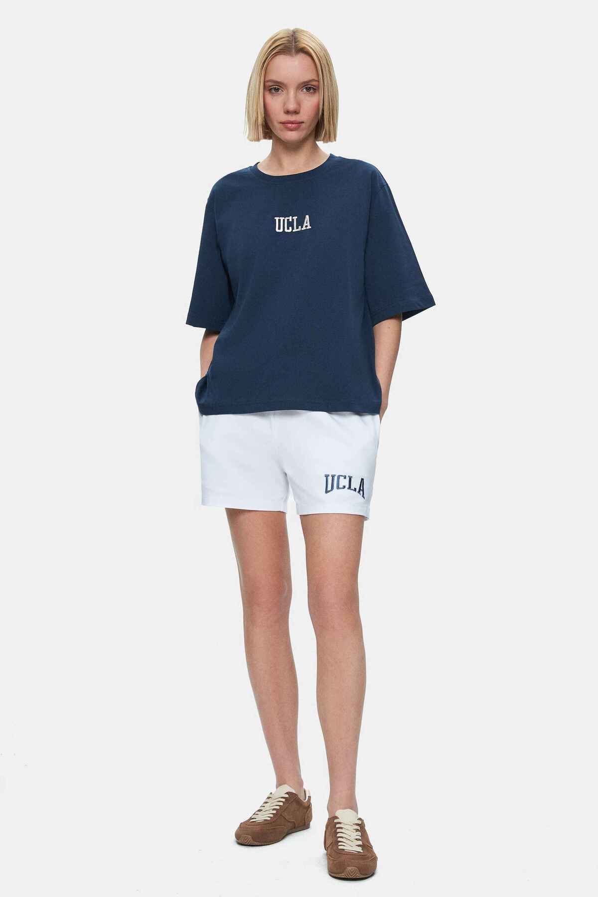 UCLA Tricou cu decolteu la baza gatului, imprimeu cu logo, regular fit, Bleumarin, MANUELA