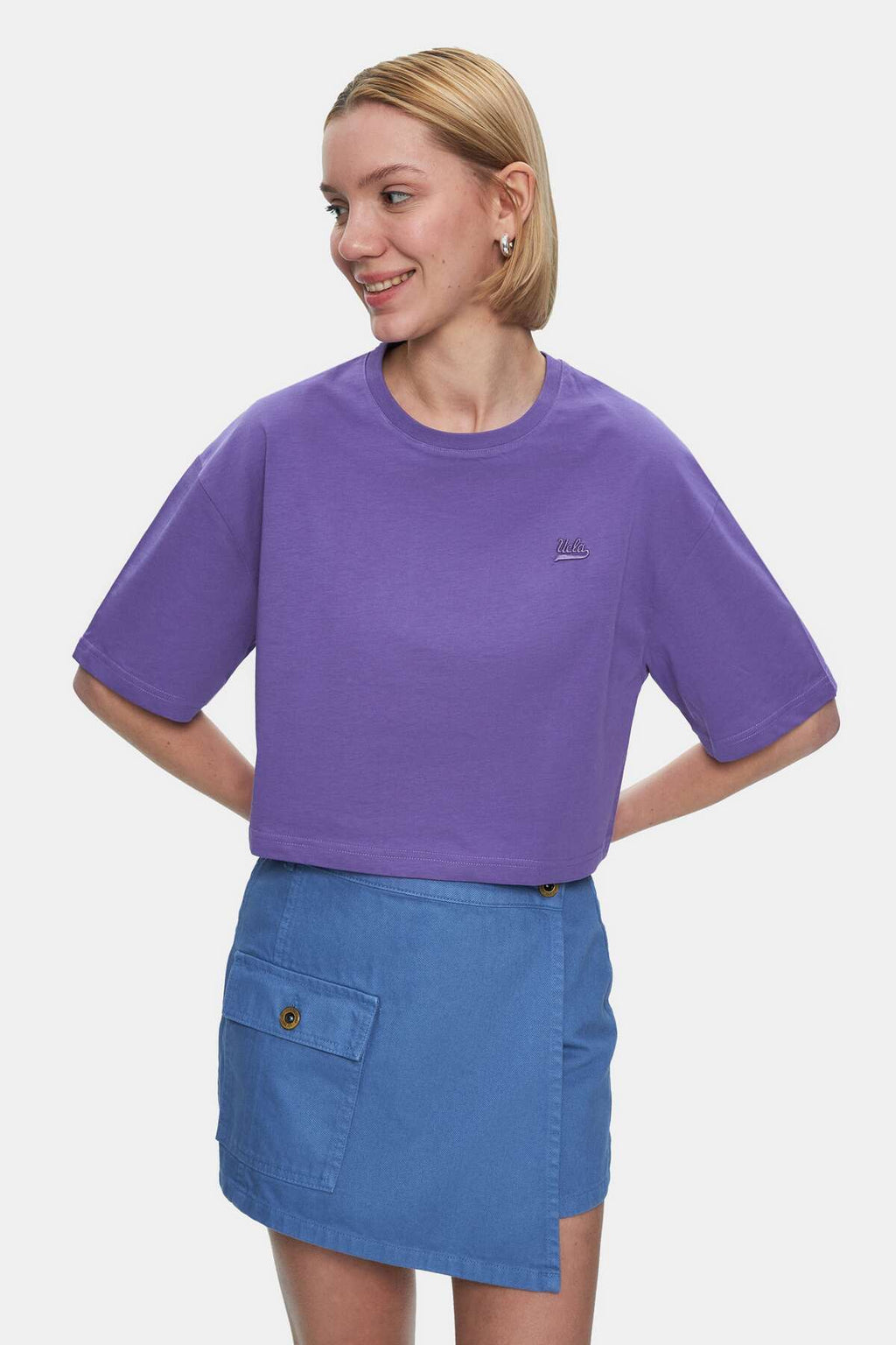 UCLA Tricou cu decolteu la baza gatului, imprimeu cu logo, regular fit, Mov, INDIANA