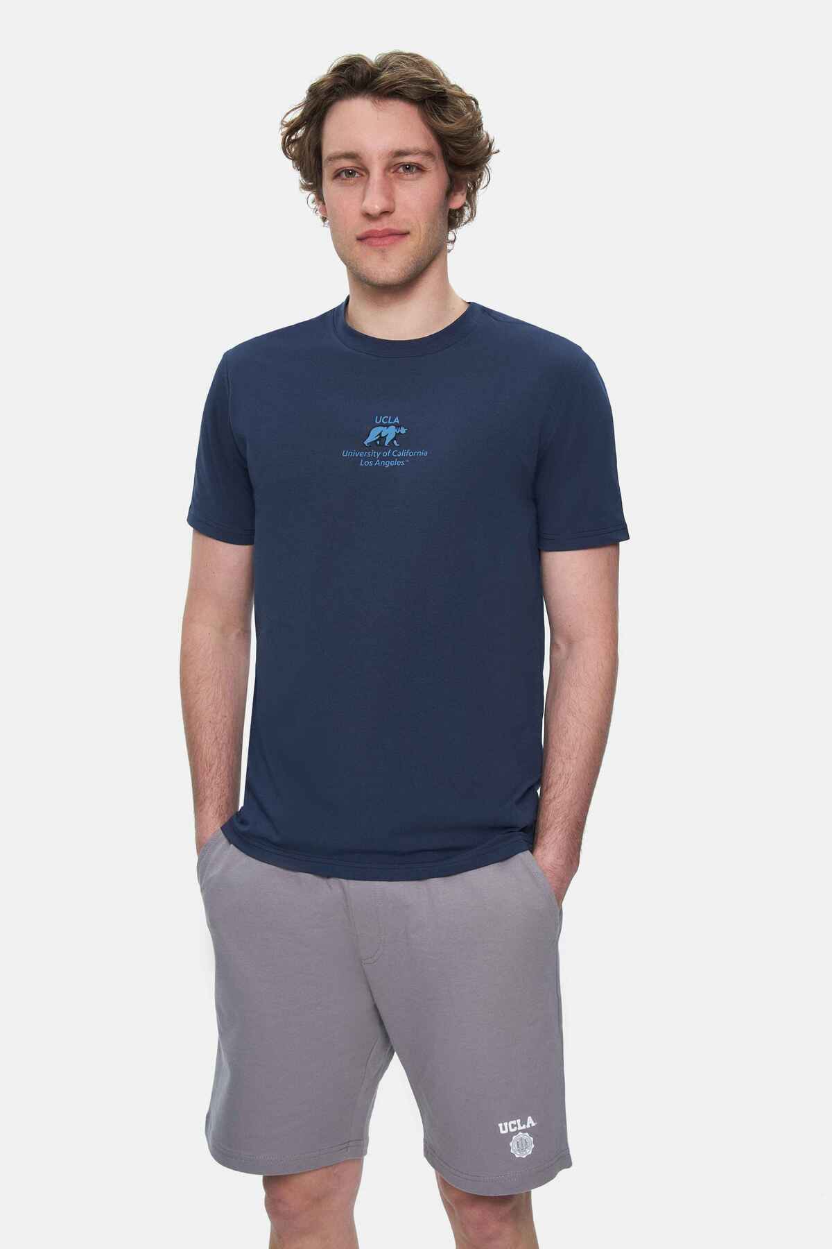 UCLA Tricou cu decolteu la baza gatului, imprimeu cu logo, regular fit, Bleumarin, FABIO