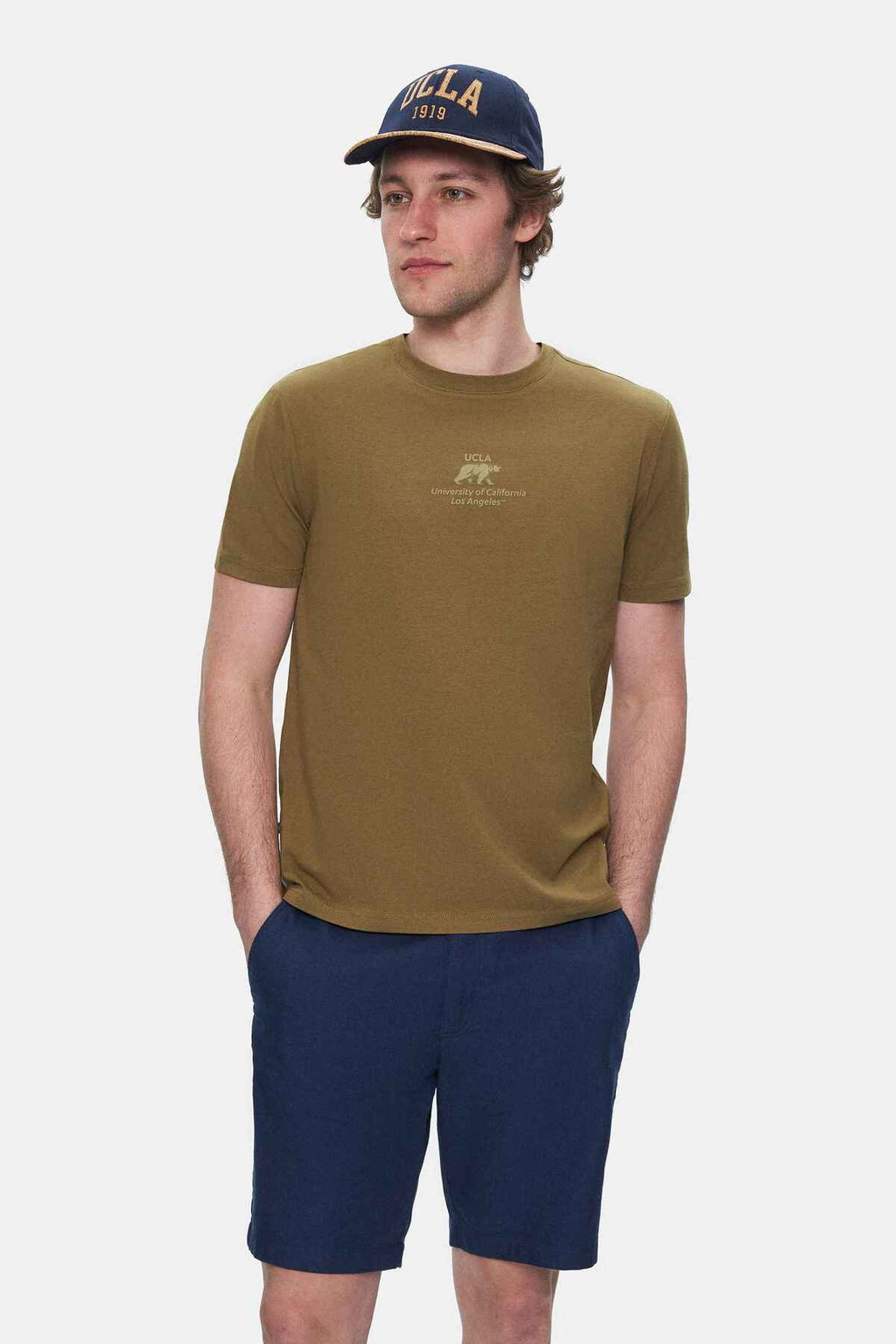 UCLA Tricou cu decolteu la baza gatului, imprimeu cu logo, regular fit, Verde, FABIO