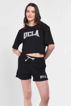 UCLA Pantaloni scurti cu snur si banda elastica in talie, buzunare laterale si imprimeu cu logo discret, Negru, ROSA
