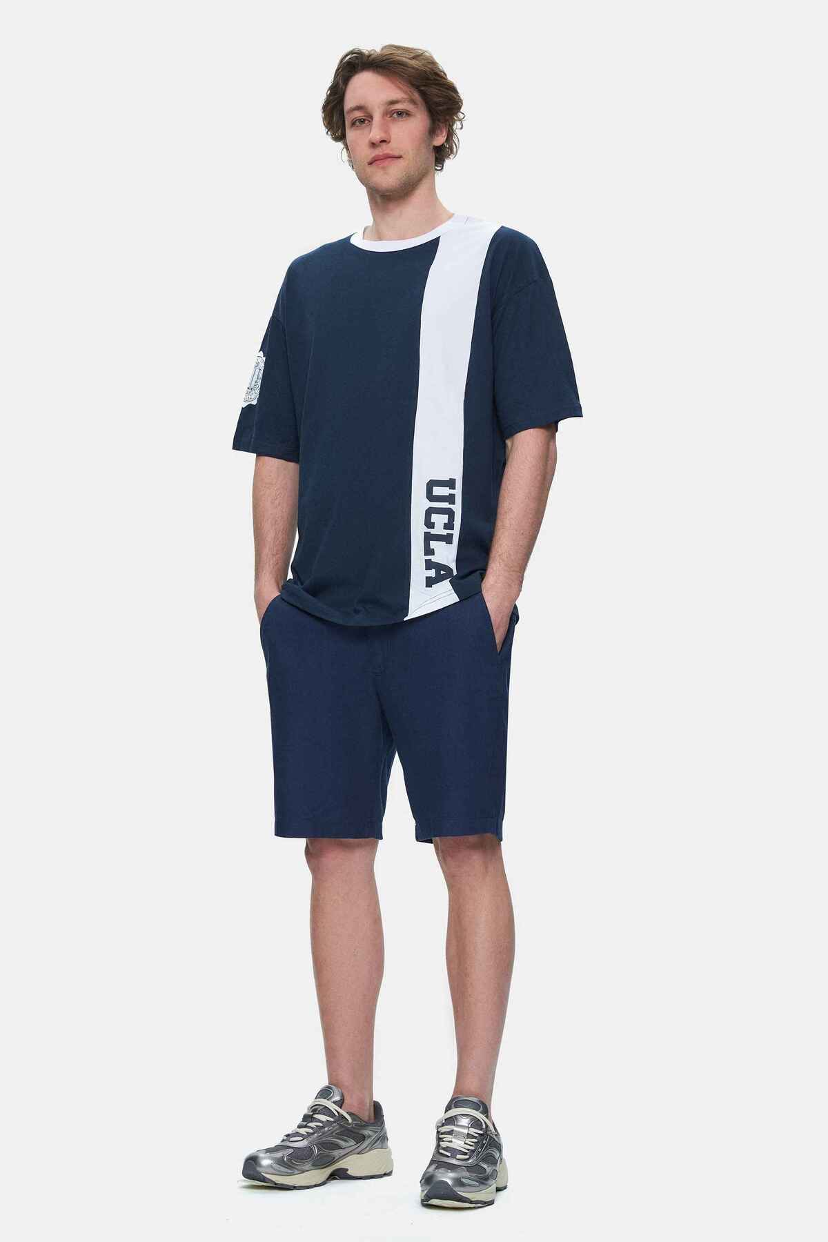UCLA Tricou cu decolteu la baza gatului, imprimeu cu logo, regular fit, Bleumarin, KEITH