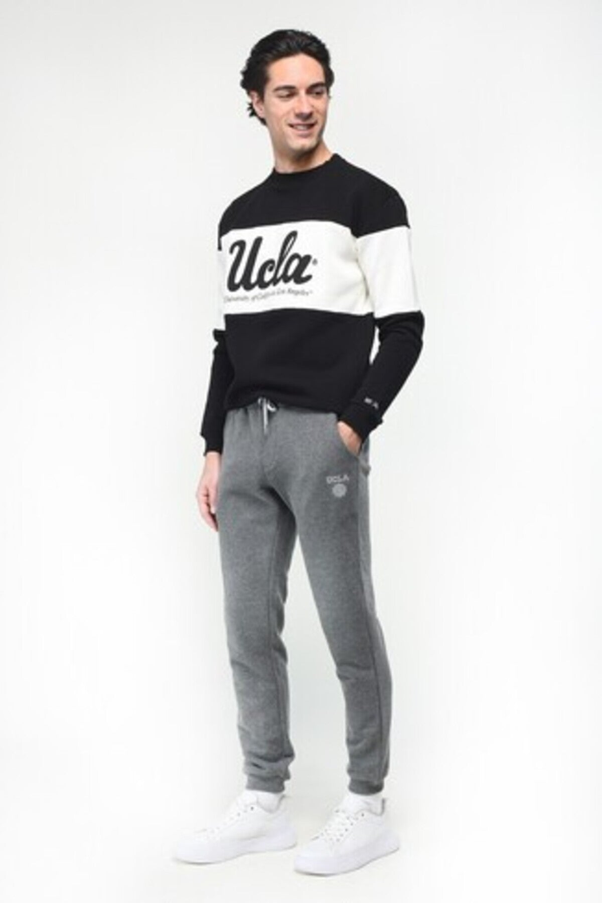 UCLA Pantaloni de trening cu elastic si snur in talie, manseta elastica si logo discret, Gri inchis, LUSKIN