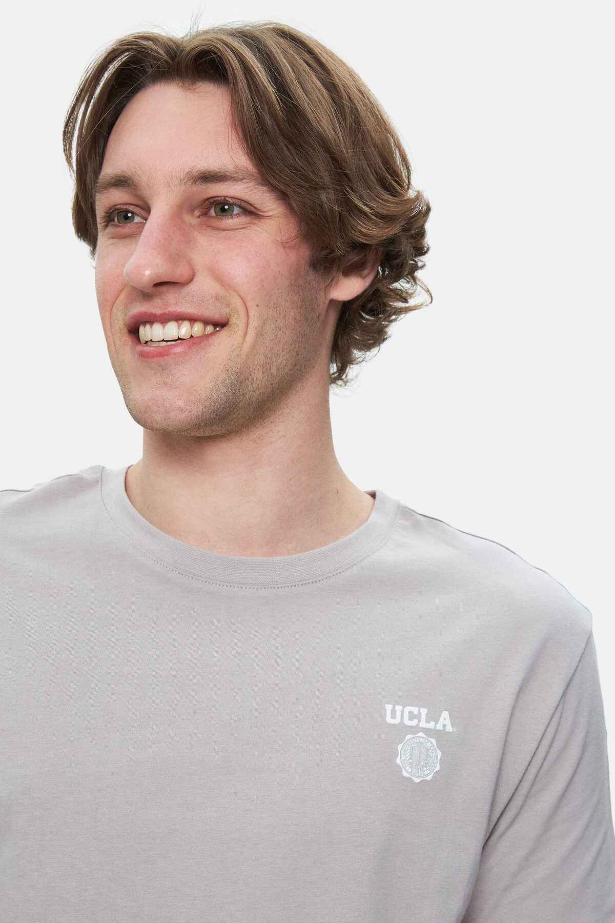 UCLA Tricou cu decolteu la baza gatului, imprimeu cu logo, regular fit, Gri, BASS