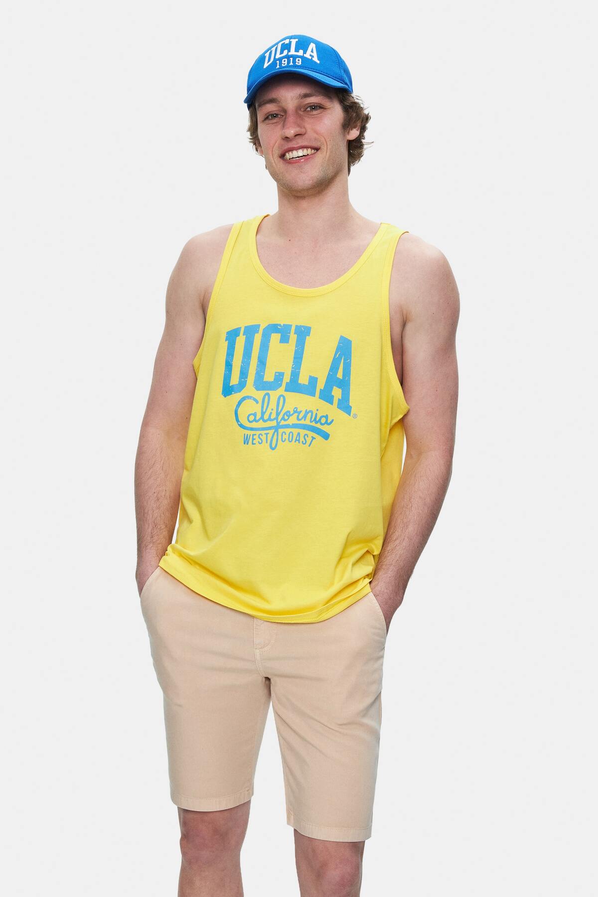 UCLA Tricou cu decolteu la baza gatului, imprimeu cu logo, regular fit, RAYFLOWER, PEBBLE