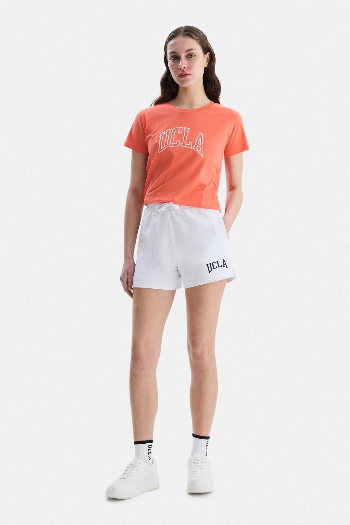 UCLA Pantaloni scurti cu snur si banda elastica in talie, buzunare laterale si imprimeu cu logo discret, Alb, ROSA