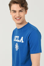 UCLA Tricou cu decolteu la baza gatului, imprimeu cu logo, regular fit, Albastru, GAYLEY