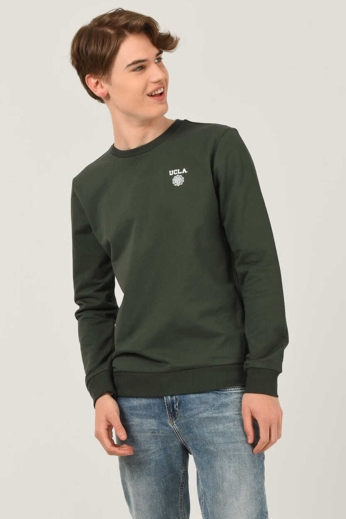 UCLA Bluza cu decolteu la baza gatului, regular fit, imprimeu cu logo, Verde, VALLEY