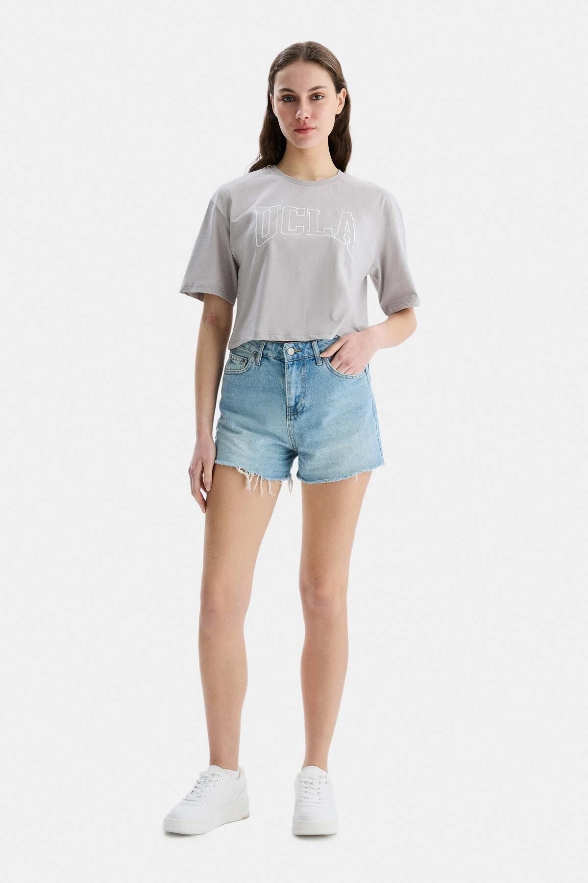 UCLA Tricou cu decolteu la baza gatului, imprimeu cu logo, regular fit, Gri, HELENA