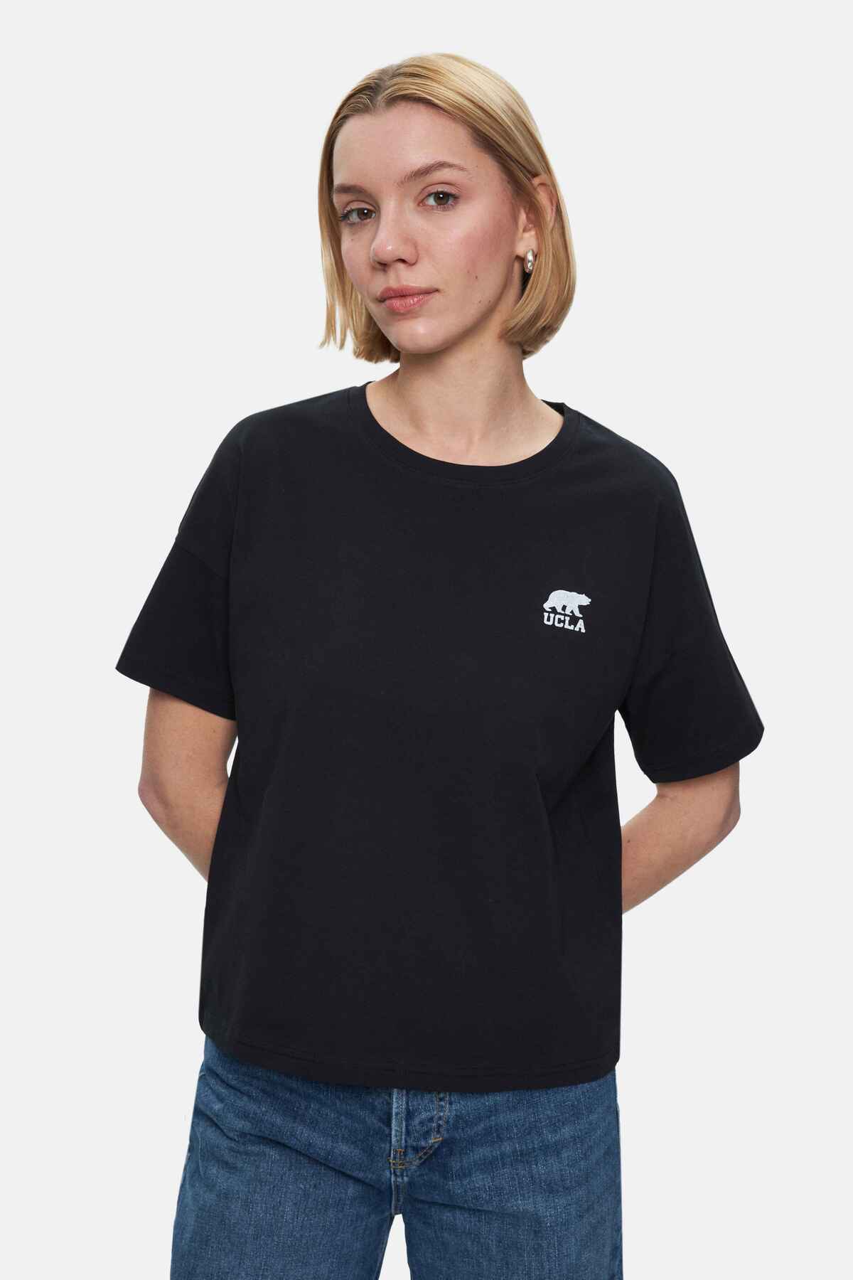 UCLA Tricou cu decolteu la baza gatului, imprimeu cu logo, regular fit, Negru, KENZIE