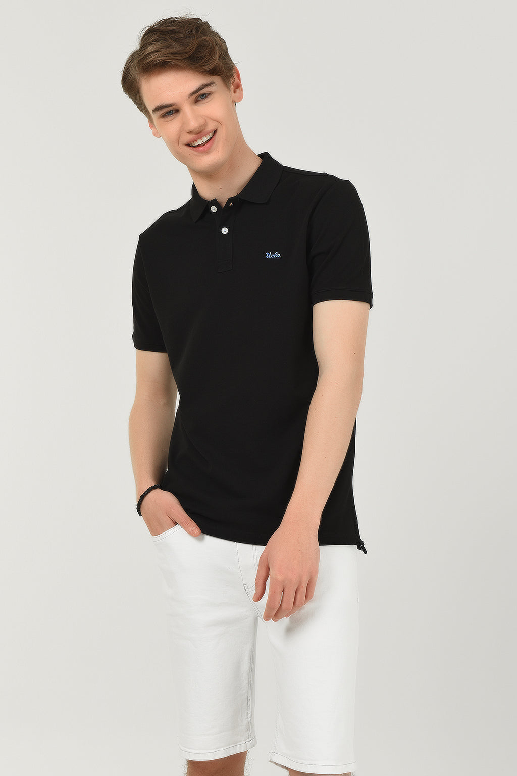 UCLA Tricou cu guler si nasturi, regular fit, logo brodat discret, Negru, LAKE